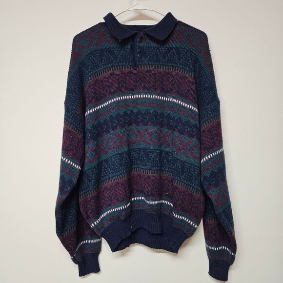 Puritan Blue and Red Crewneck Sweater with Geometric Pattern Size Large - Picture 1 of 4